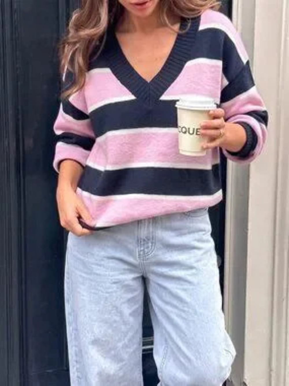Multicolor Casual Women's Loose Fit V-Neck Colorblock Striped Pullover Sweater